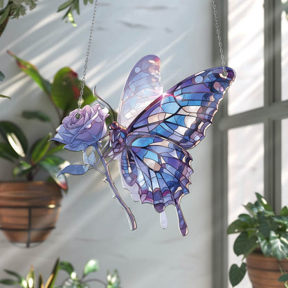 Blue Butterfly And Flower Acrylic Window Hanging, Window Hangings Home Decoration, Gift For Butterfly Lover’s, Gitf For Garden, Home Decor