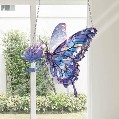 Blue Butterfly And Flower Acrylic Window Hanging, Window Hangings Home Decoration, Gift For Butterfly Lover’s, Gitf For Garden, Home Decor