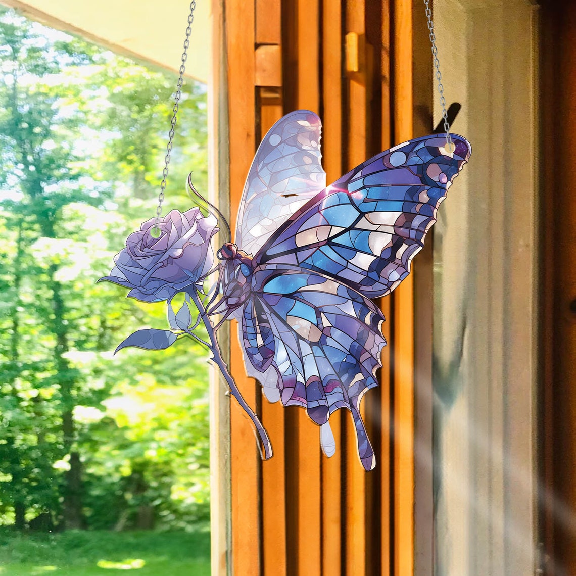 Blue Butterfly And Flower Acrylic Window Hanging, Window Hangings Home Decoration, Gift For Butterfly Lover’s, Gitf For Garden, Home Decor