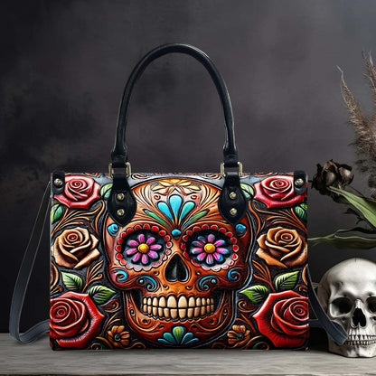 Roses And Skull - Skull Leather Handbag