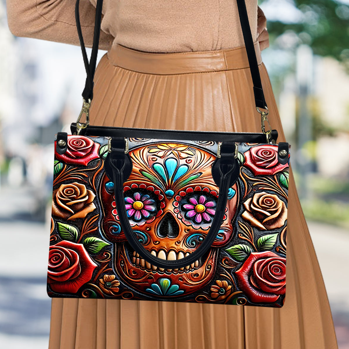 Roses And Skull - Skull Leather Handbag