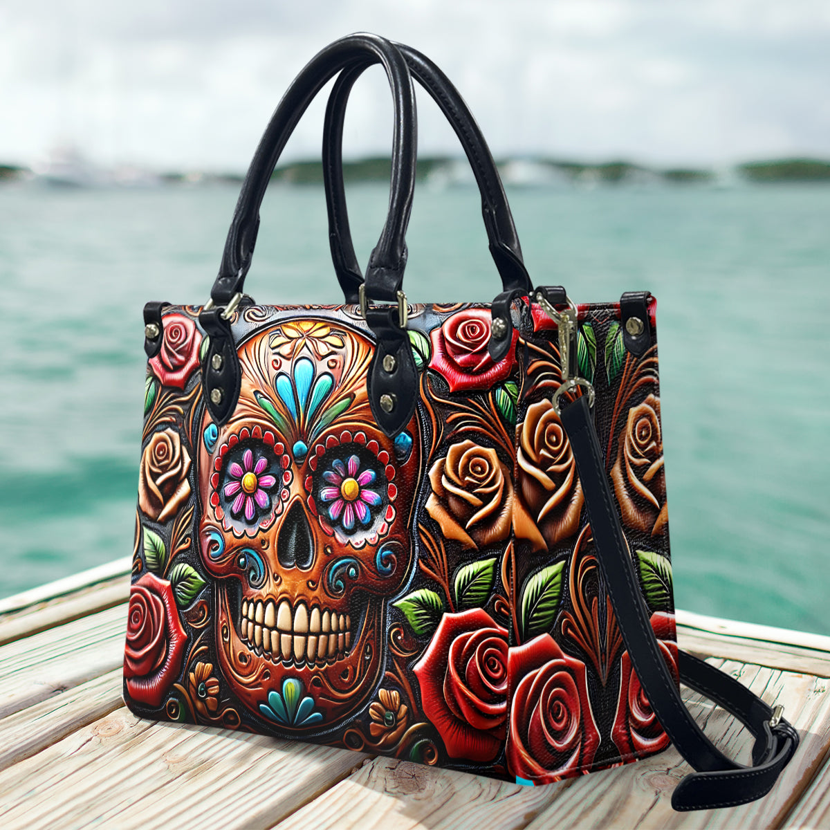 Roses And Skull - Skull Leather Handbag