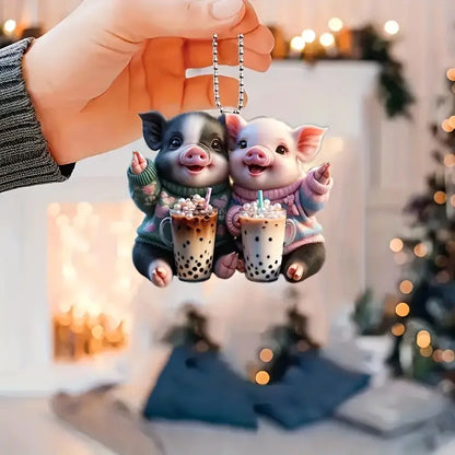 Bubble Tea Twin Pigs Acrylic Ornament - Gift For Pig Lover's