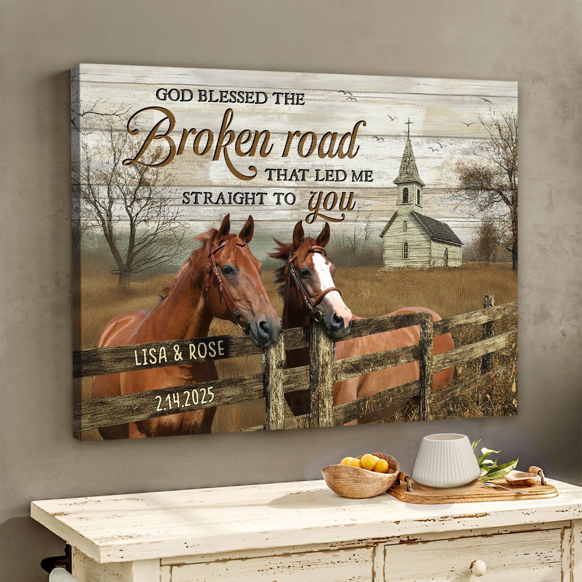 Personalized Horse Couple Canvas With Rustic Church Scene