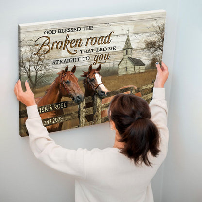 Personalized Horse Couple Canvas With Rustic Church Scene