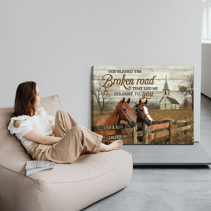 Personalized Horse Couple Canvas With Rustic Church Scene