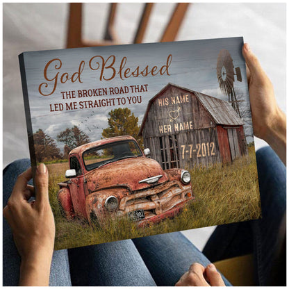 God Blessed The Broken Road Old Barn and Vintage Vehicle Canvas