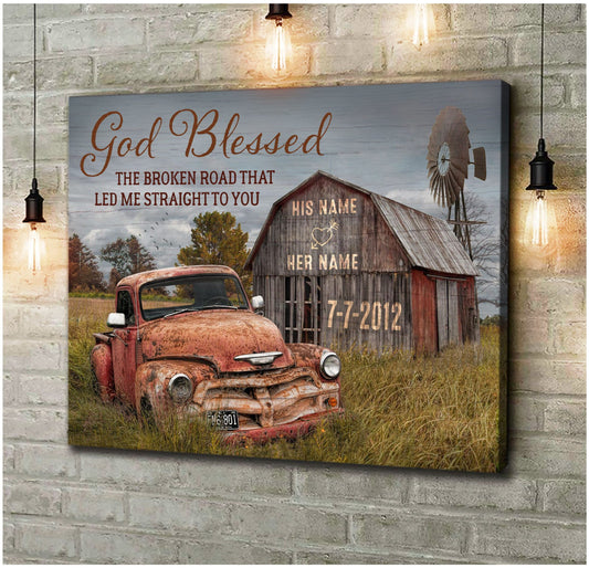 God Blessed The Broken Road Old Barn and Vintage Vehicle Canvas