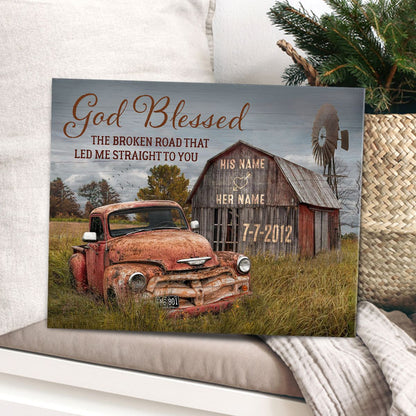 God Blessed The Broken Road Old Barn and Vintage Vehicle Canvas