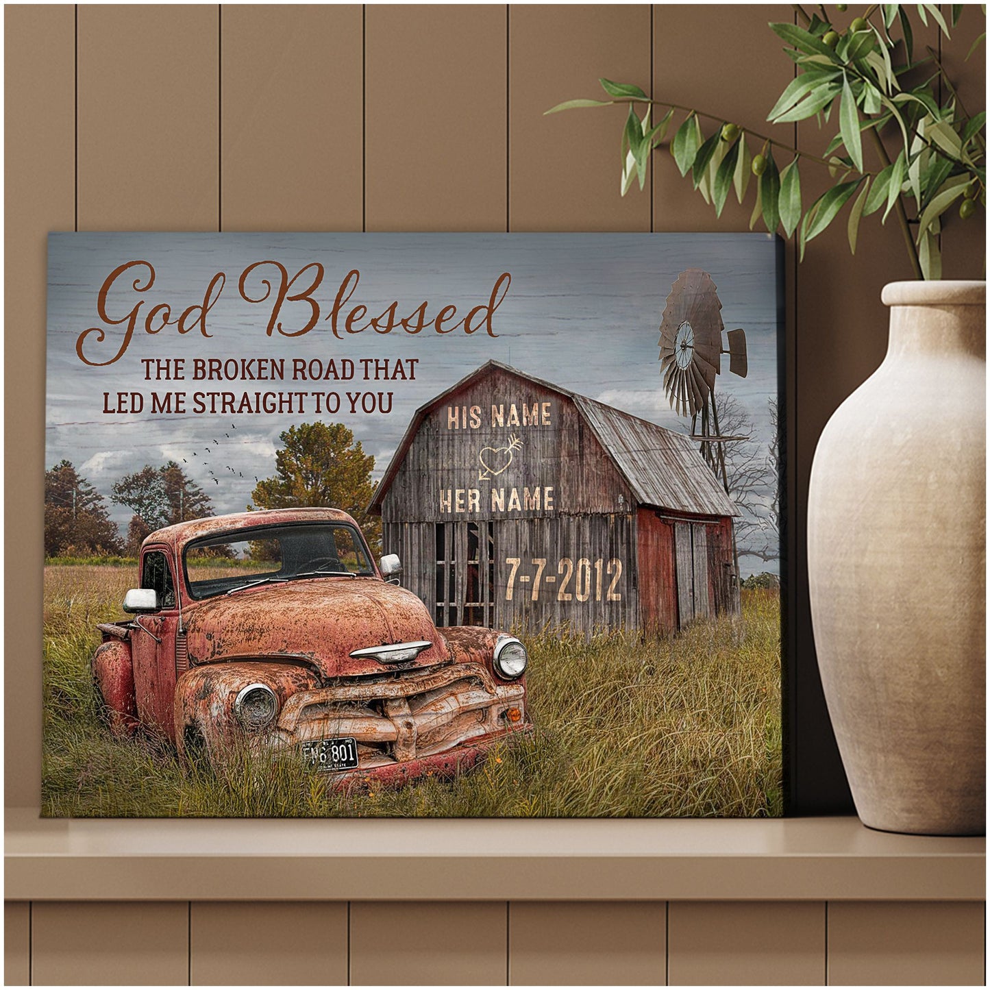 God Blessed The Broken Road Old Barn and Vintage Vehicle Canvas