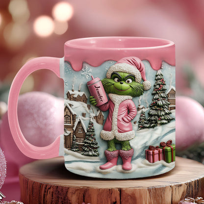 Grinchy Pink Green Lady - Personalized Christmas Accent Mug