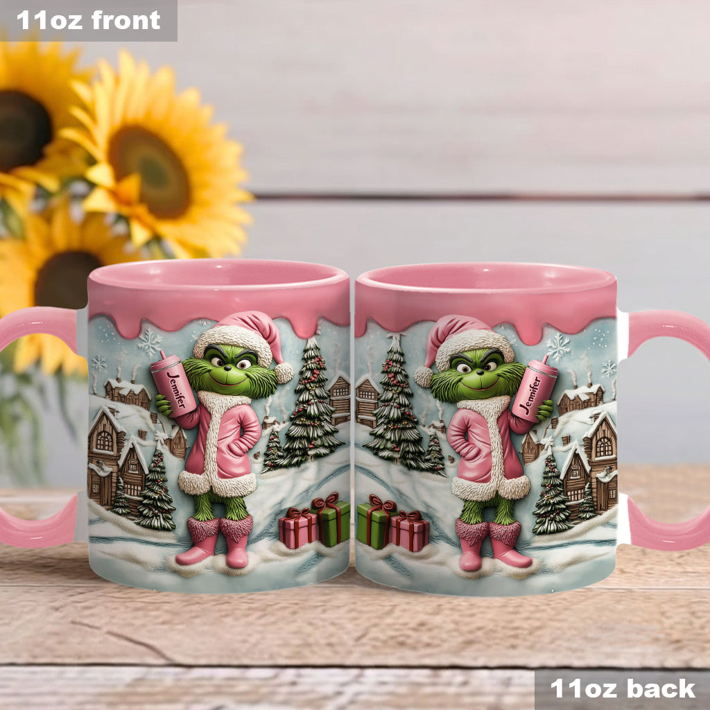 Grinchy Pink Green Lady - Personalized Christmas Accent Mug