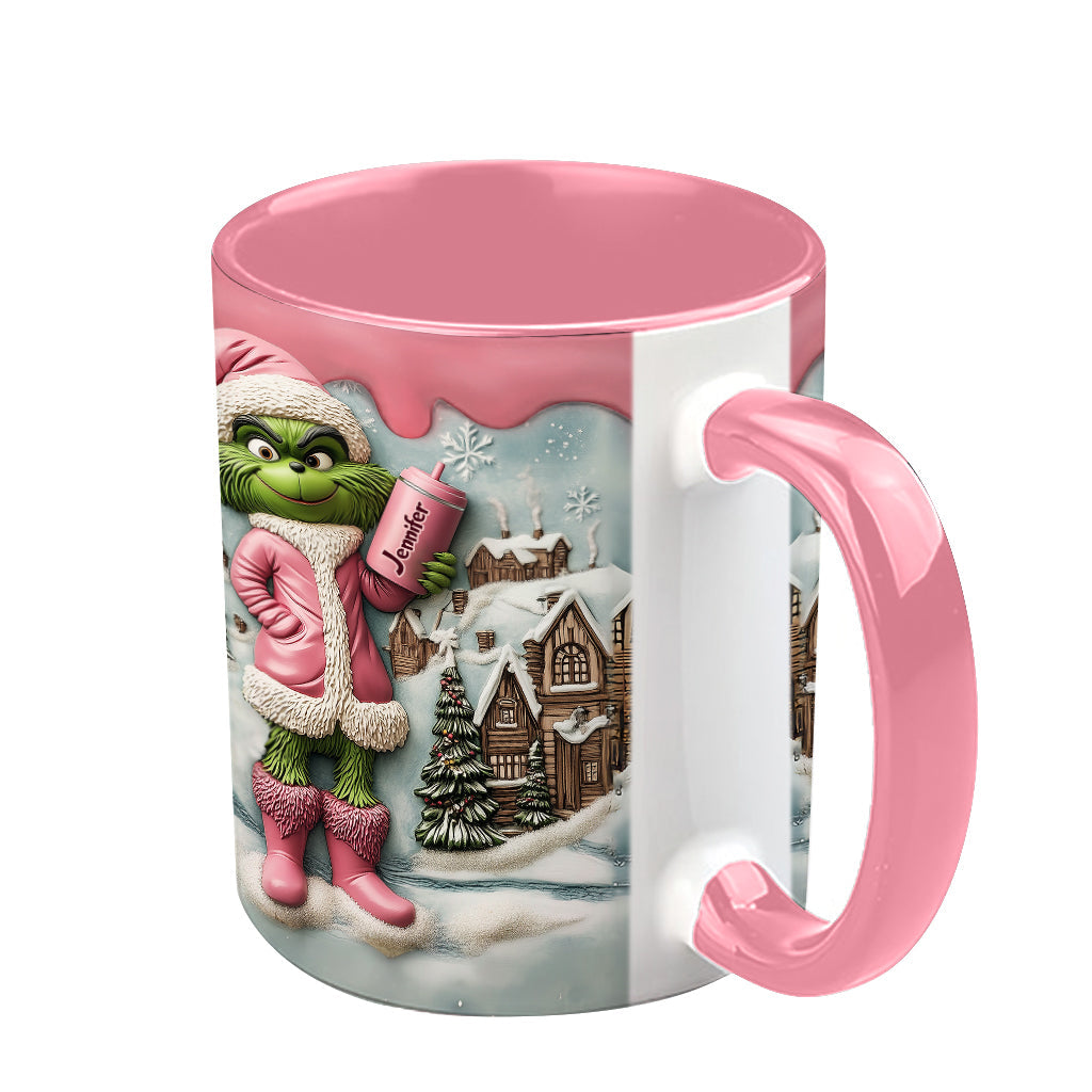 Grinchy Pink Green Lady - Personalized Christmas Accent Mug