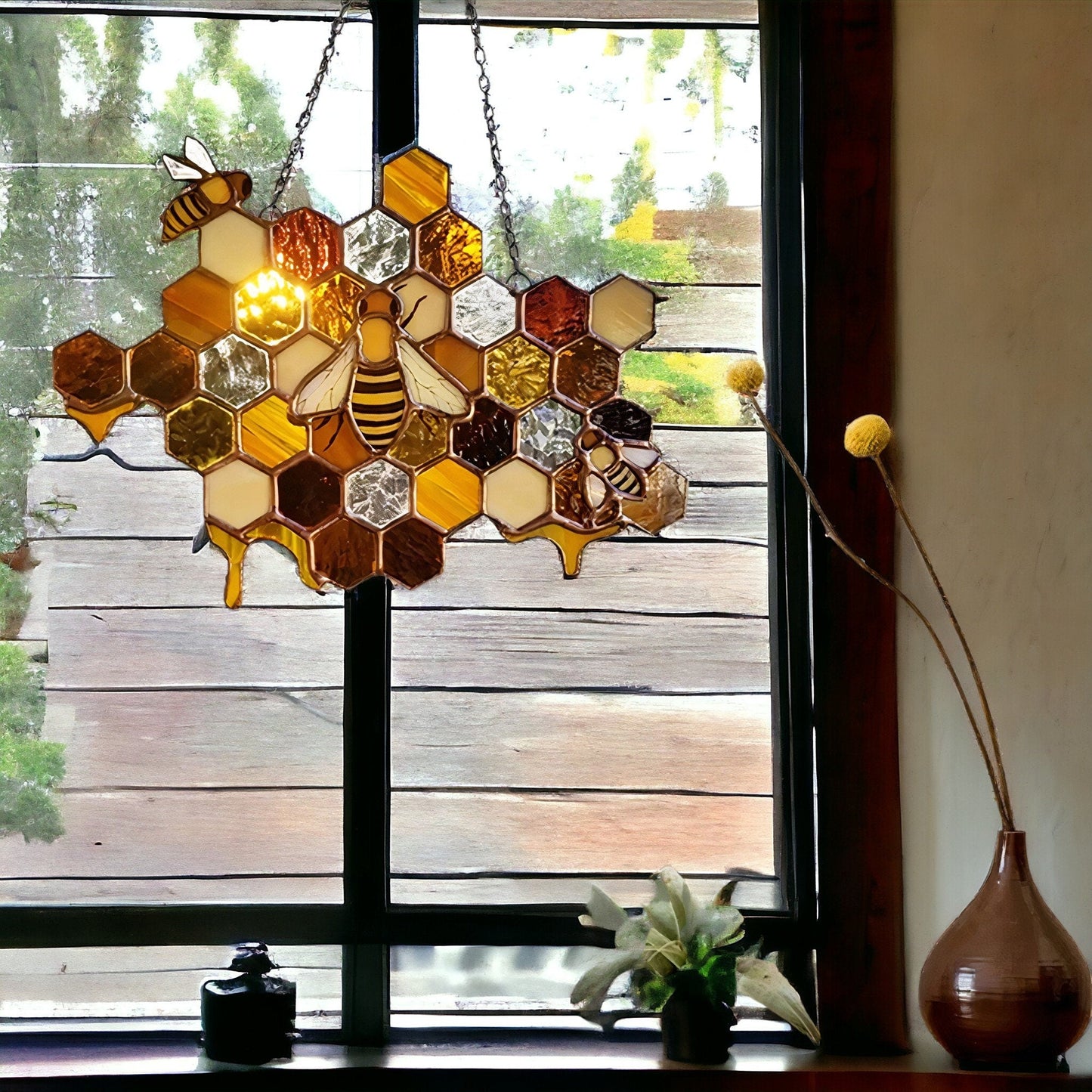 Honeycomb Bee ACRYLIC Window hanging, Honey Bee Acrylic Window Decor, Perfect Gift For Home, Hippie Decor, Garden Gift , Backyard Decor