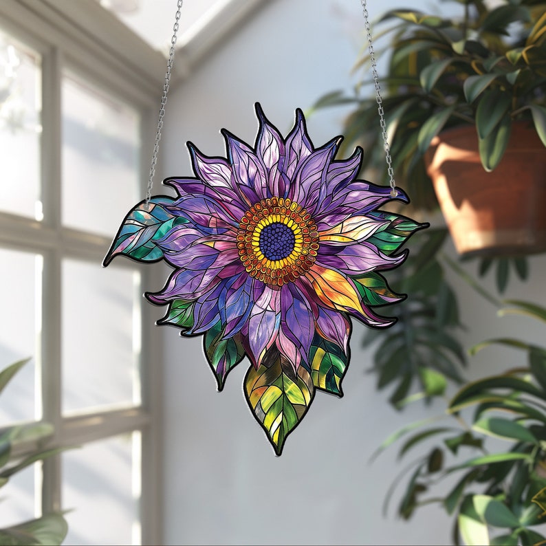 Purple Sunflower Acrylic Window Hanging, Wall Window Garden Hanging Art Decor, Flower Backyard Home Indoor Outdoor Decoration,